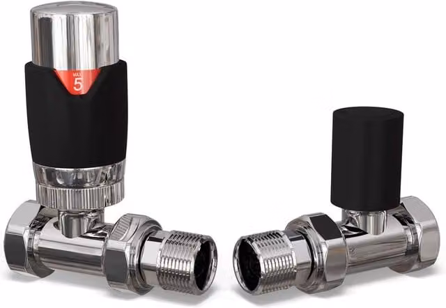 UK Radiators Talus Flair Matt Black Thermostatic Radiator Valve and Straight Lockshield Set