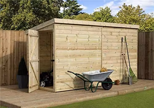 EMS Retail Empire 2000 Pent Garden Shed in Brown, Pressure Treated Shiplap Tongue and Groove with Left End Door