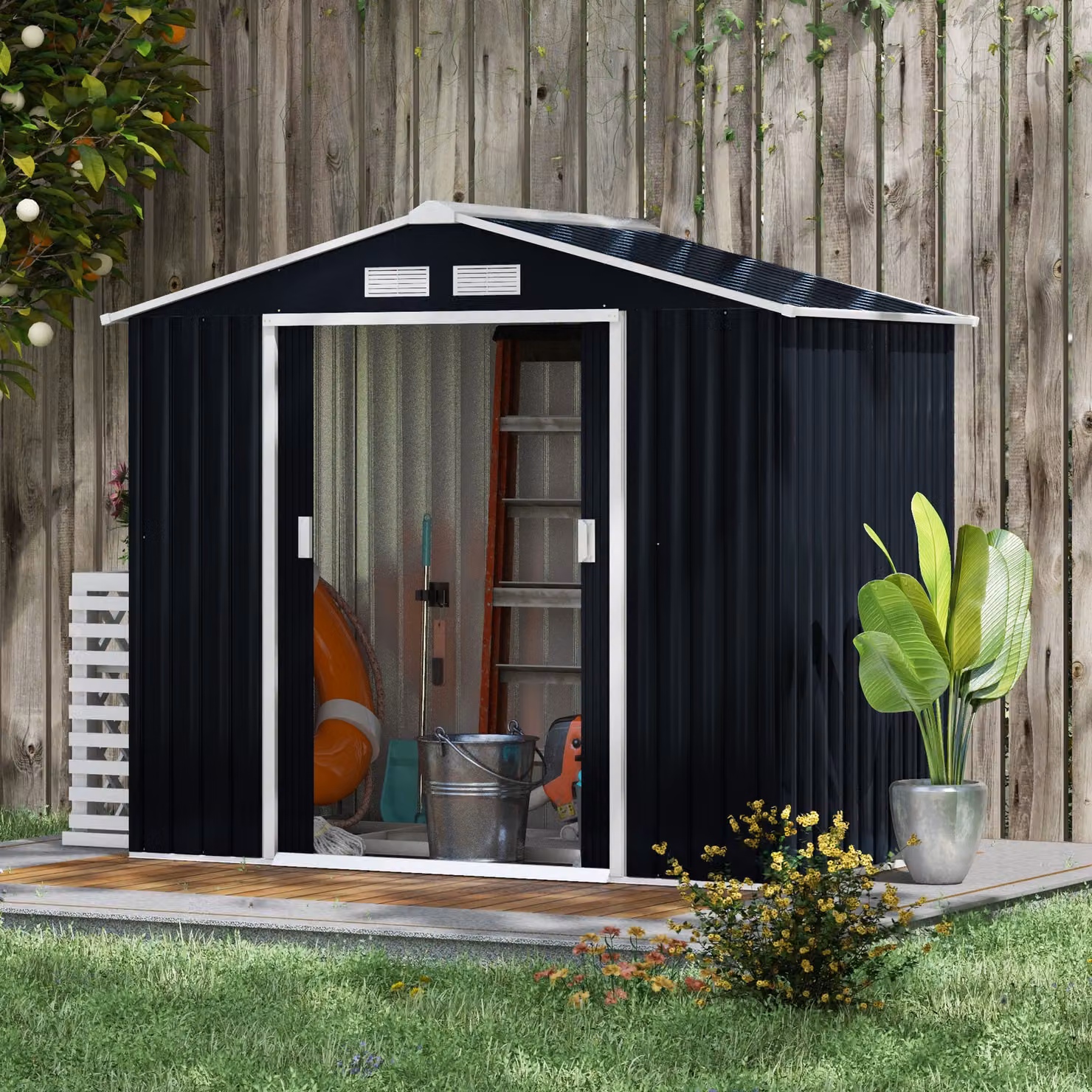 Outsunny Weatherproof Metal Garden Tool Shed with Foundation and Sliding Doors, Dark Grey, W: 216.96 cm, D: 121.92 cm, H: 185.0 cm – 2