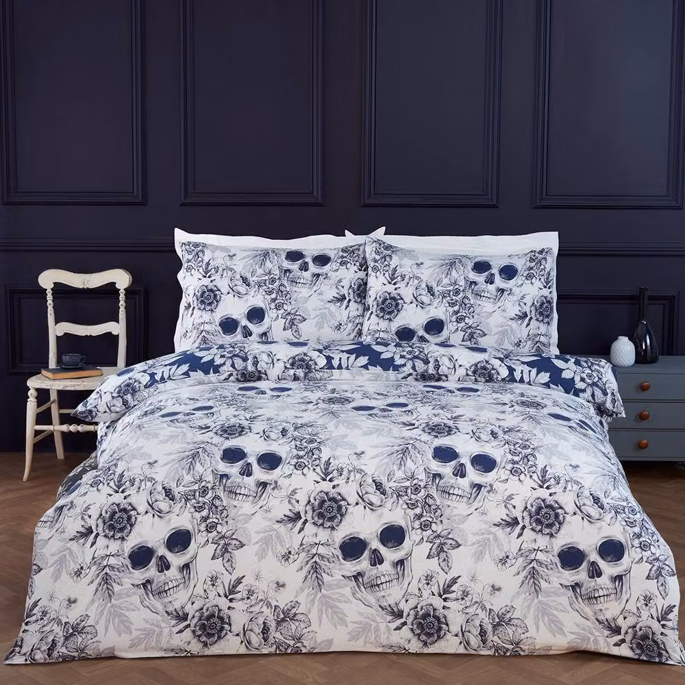 Rapport Home Gothic Floral Skull Reversible Microfibre Duvet Cover and Pillowcase Set in Blue and White, Duvet: 200 x 200 cm, Pillowcase: 50 x 75 cm – 4