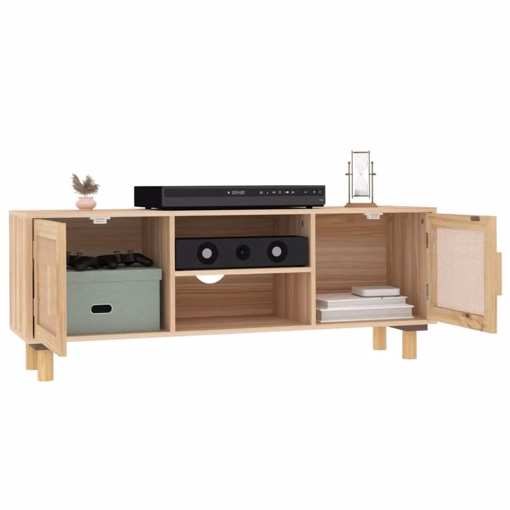 Berkfield Home TV Cabinet in Brown and Light Tan, Solid Pine Wood with Natural Rattan, W: 105 cm, D: 40 cm, H: 40 cm – 3