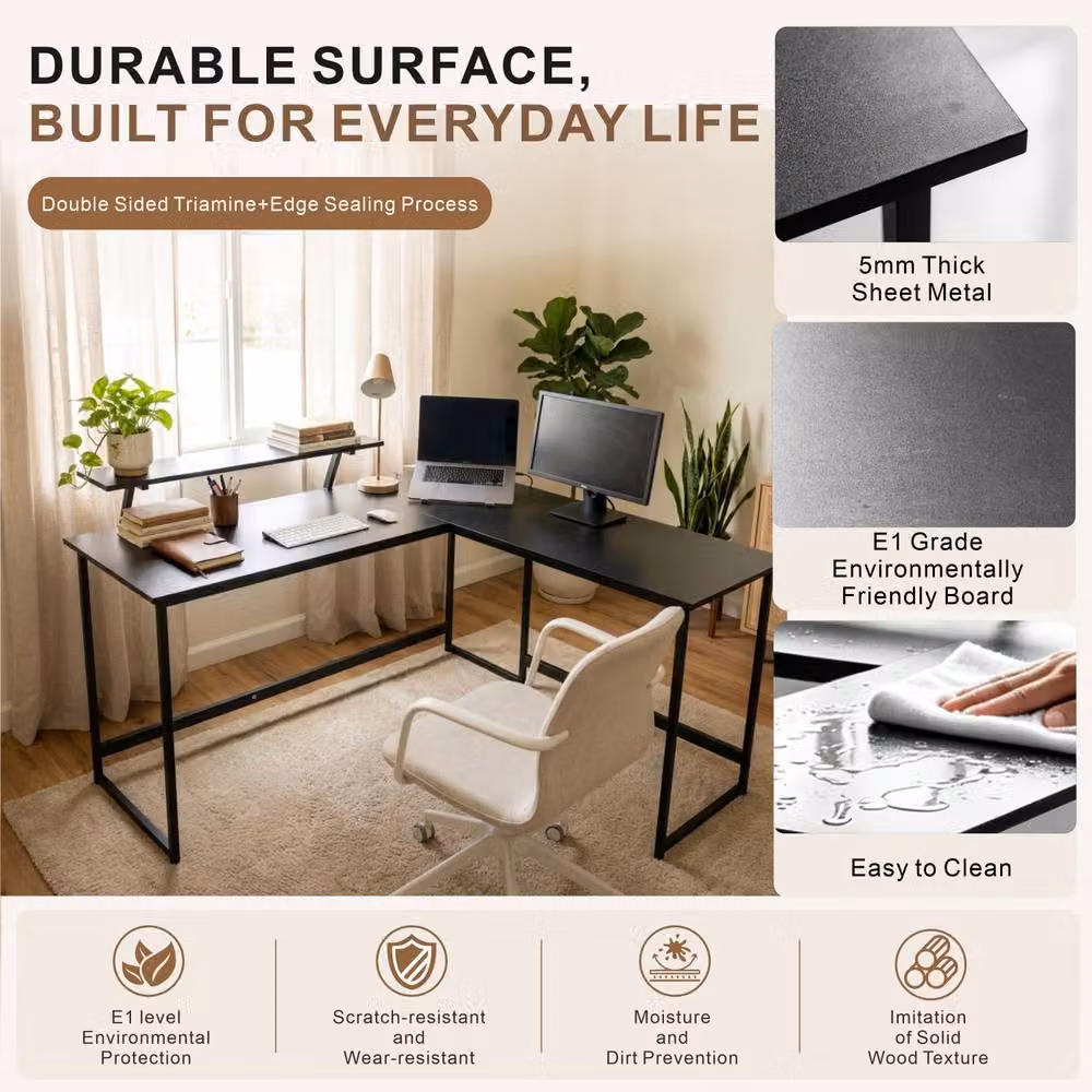 Abrihome L-Shaped Corner Office Computer Desk in Black Industrial Rustic Style – 3