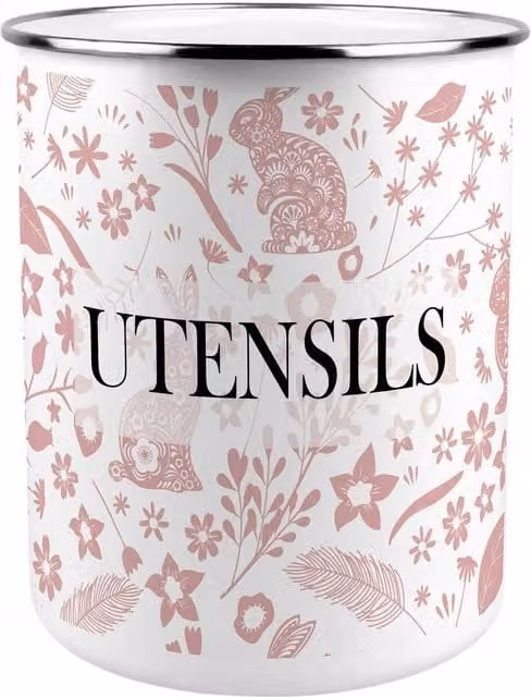 Purely Home Pink Wild Rabbits Kitchen Utensil Holder in Ceramic and Metal