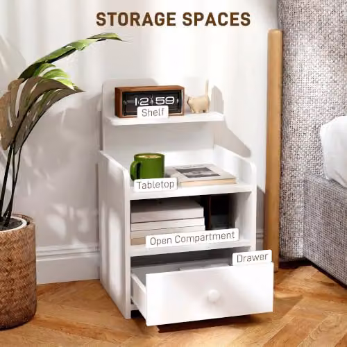 HOMCOM White Bedside Cabinet with Drawer and Shelf for Bedroom or Living Room – 3