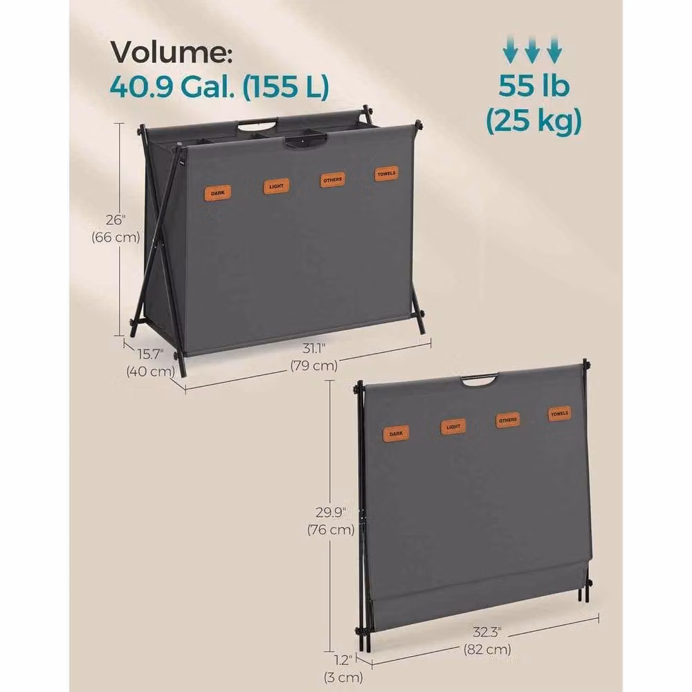 The Bazaarist 4 Compartment Foldable X Frame Laundry Basket in Dark Grey – 3