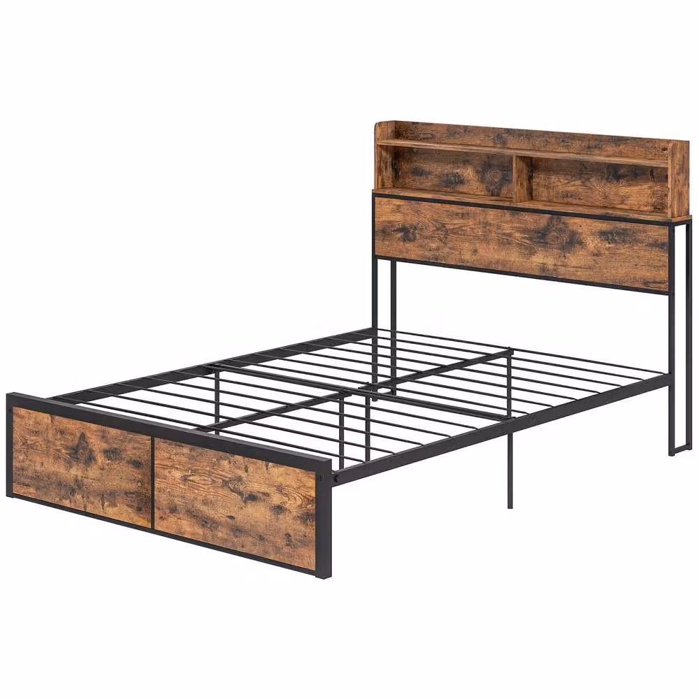 ERGOVEXA Industrial Double Bed Frame in Black and Brown, W/D/H: 141.5 x 207 x 119.5 cm – 2