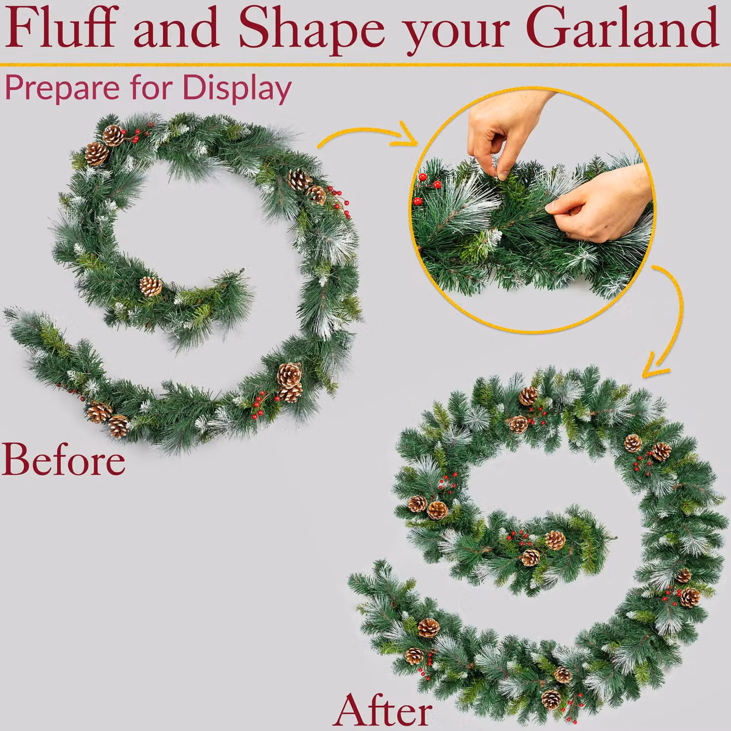 Christow Christmas Garland Hanging Decoration with Frosted Cones and Berries in Green and Red, Length: 180 cm – 6
