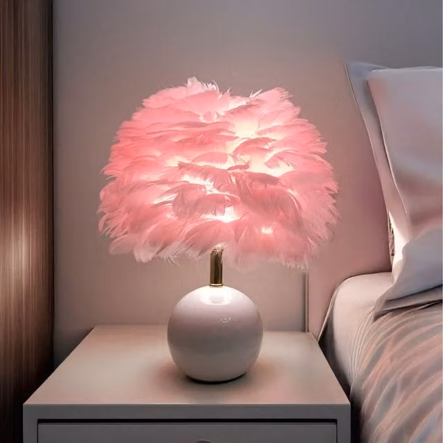 Livingandhome Pink Feather Table Lamp with White Ceramic Base
