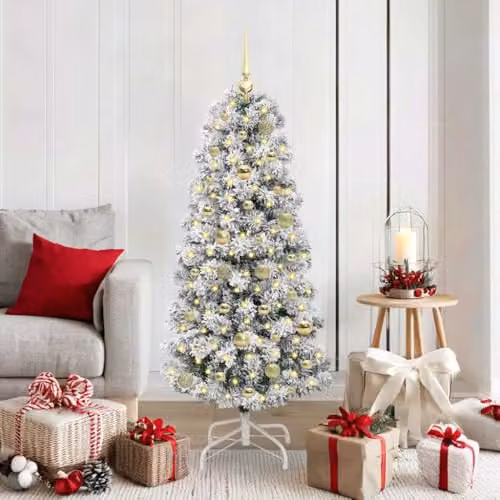 vidaXL Artificial Hinged Christmas Tree in Green, White and Gold, Height: 150 cm – 2