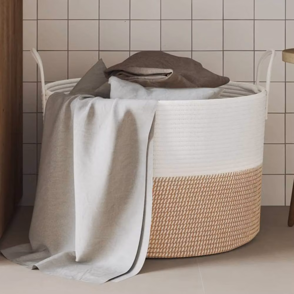 Berkfield Cotton Home Storage Basket in Brown and White, W: 51 cm, D: 33 cm, H: 33 cm