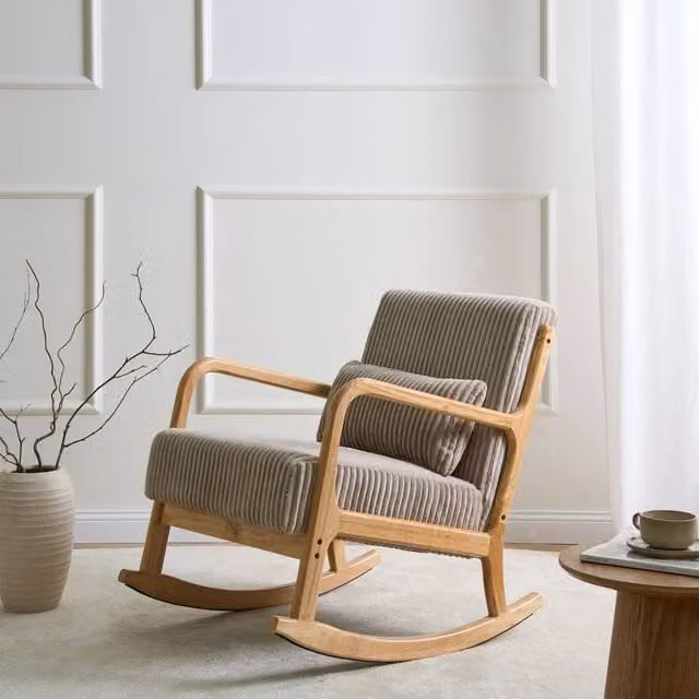 Wyld and Coco Beige Corduroy Rocking Armchair with Solid Rubberwood Frame