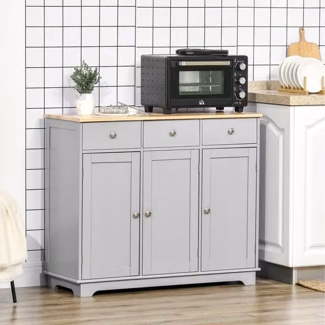 HOMCOM Grey Rubberwood Top Sideboard and Buffet Cabinet with Storage Cabinets