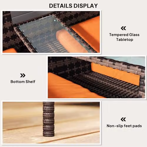 Outsunny Rattan Garden Set with 2 Seater Outdoor Sofa, Coffee Table and Cushions in Brown and Orange – 4