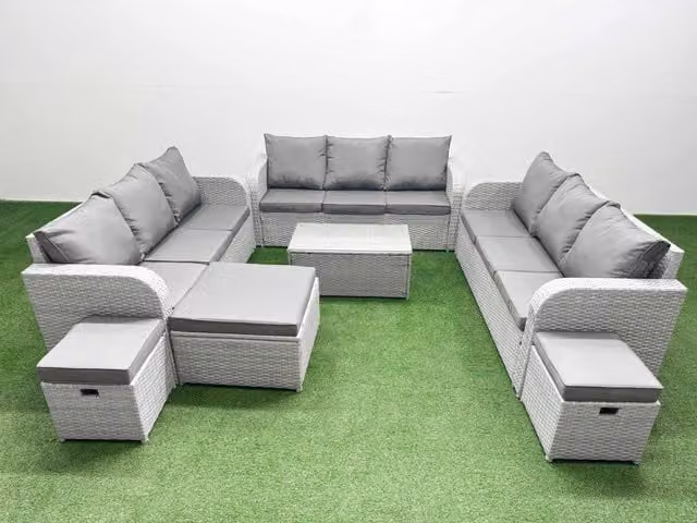 Fimous 12 Seater PE Rattan Outdoor Garden Furniture Set in Light Grey with 3 Seater Sofa, Coffee Table and 3 Stools