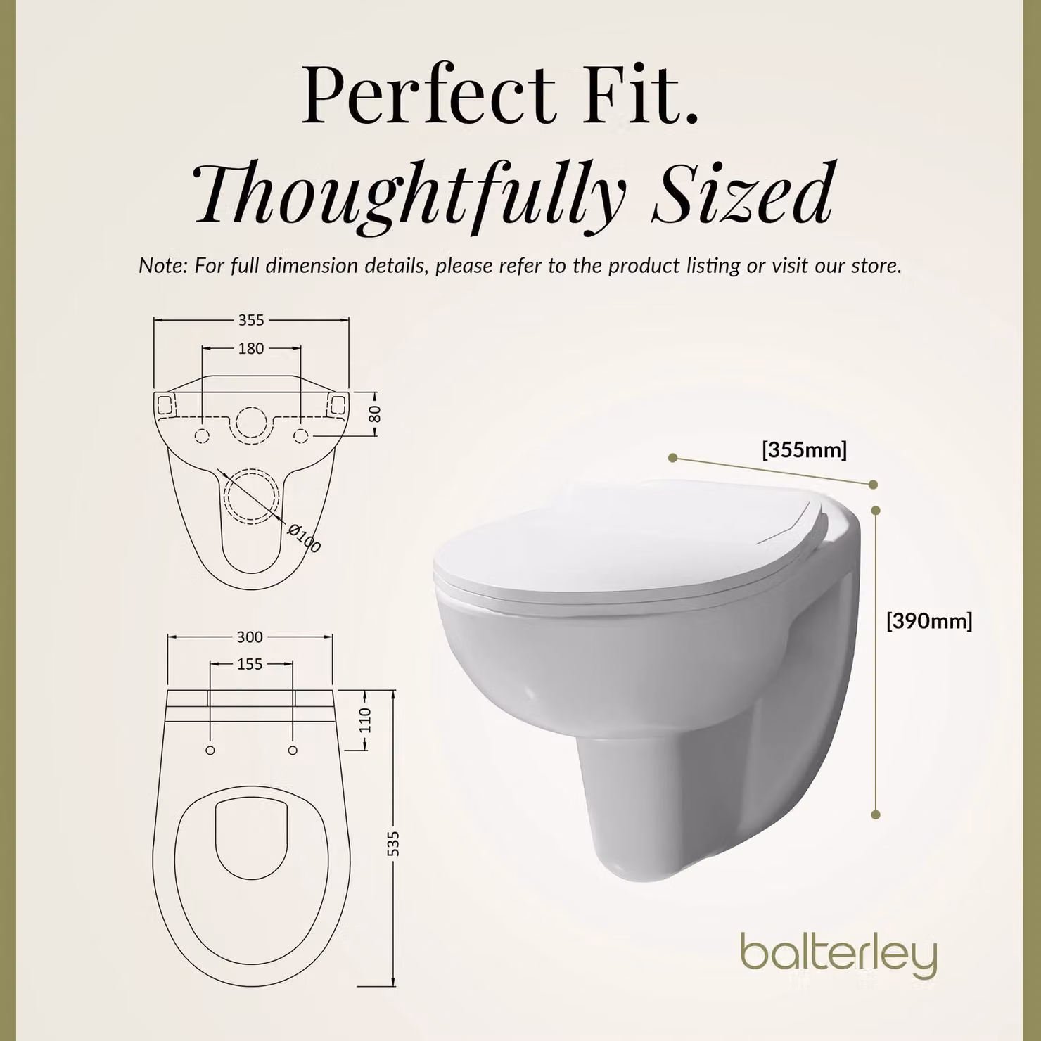 Balterley Adley Wall Hung Rimless Ceramic Toilet Pan with Soft Close Seat, White, W: 53.5 cm – 5