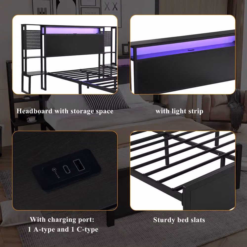 Merax Black Metal Double Bed Frame with Bedside Tables, LED Lighting and USB Charging Ports, W/D/H: 140 x 200 x 135 cm – 5