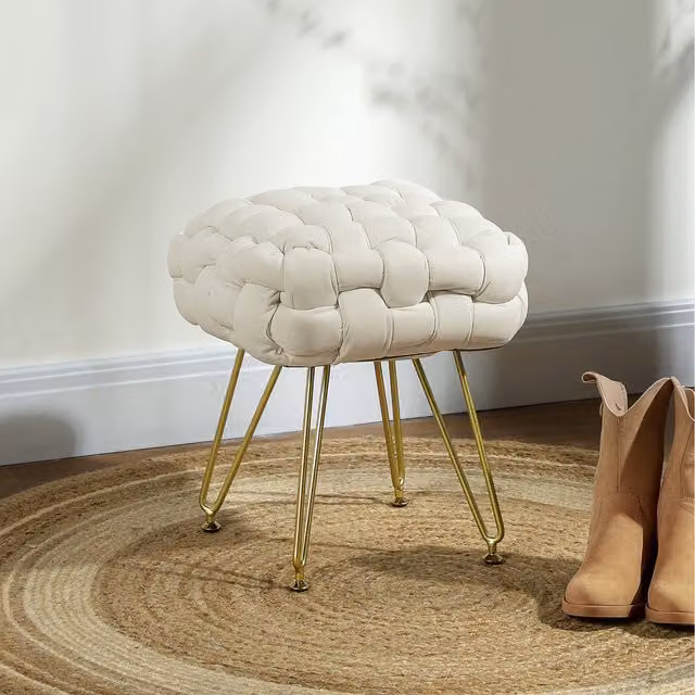 HOMCOM Modern Cylindrical Velvet Foot Stool with Metal Legs in Beige and White