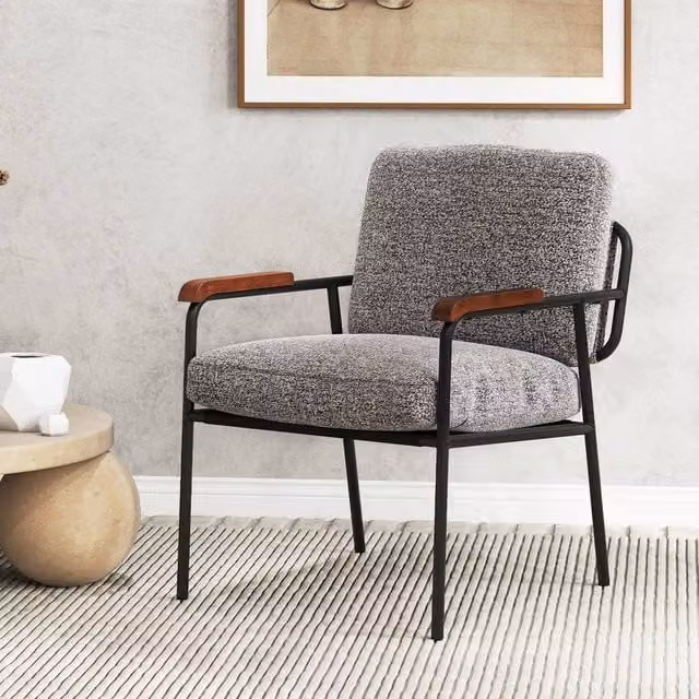 Kelvenix Modern Grey Fabric Armchair with Metal Frame and Armrests – 1