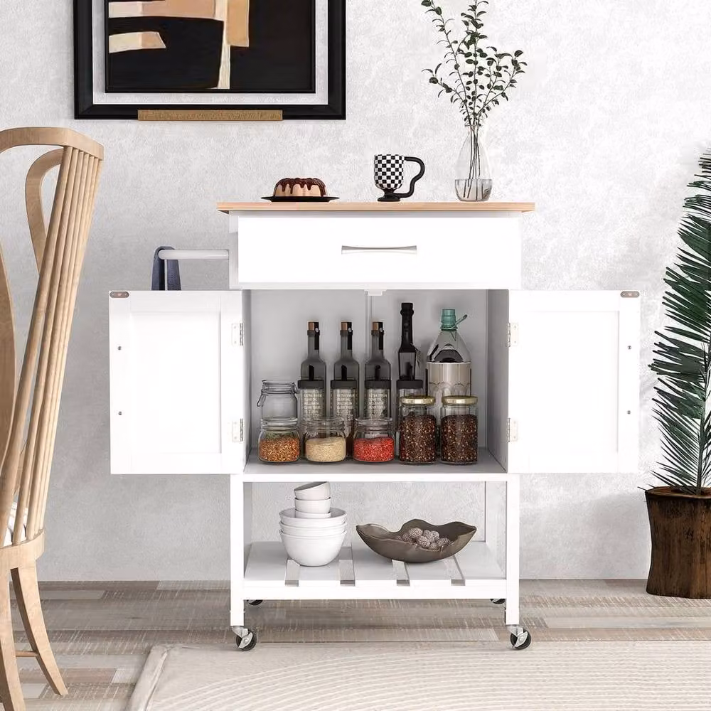 KORVIXA Mobile Rolling Kitchen Island Serving Cart in White with Rubberwood, W: 60 cm, H: 75 cm – 4