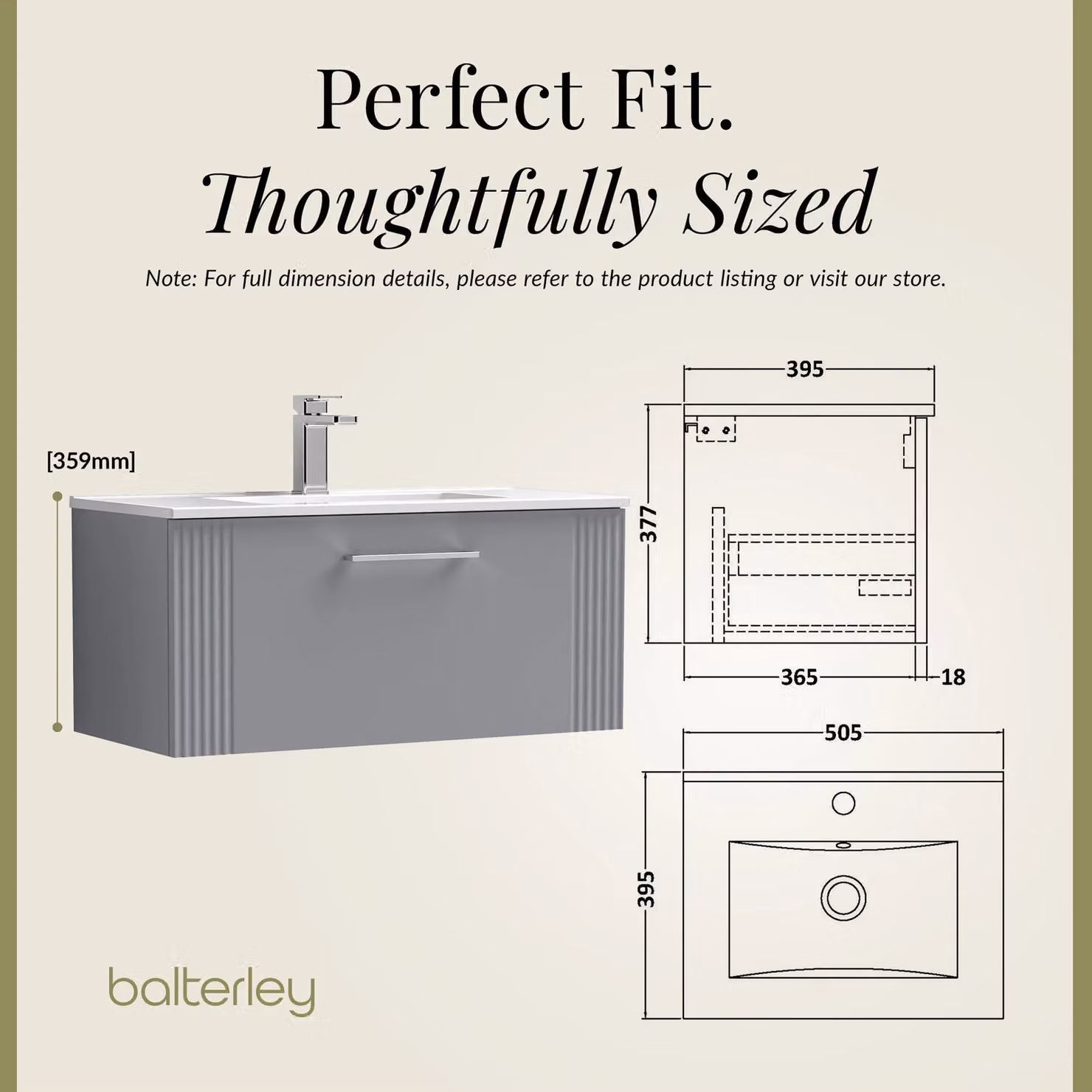 Balterley Wall Hung 1 Drawer Vanity Unit with Minimalist Basin, Satin Grey, Width: 80 cm – 2