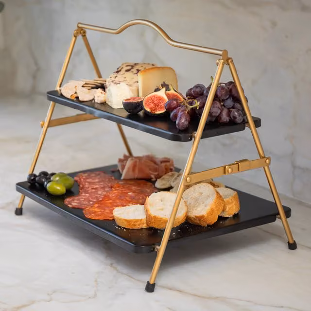 Artesa 2 Tier Rectangular Metal Serving Stand in Black and Gold