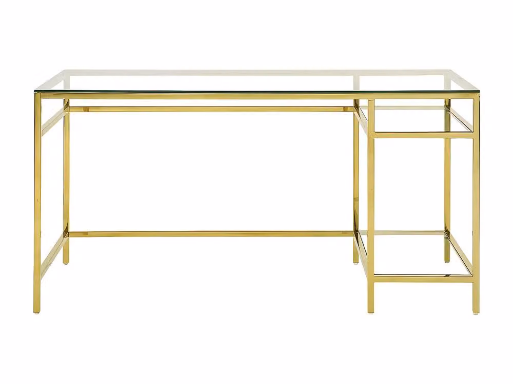 Vente-unique TIZIO 2-Shelf Writing Desk with Gold Metal Frame and Transparent Tempered Glass, W/D/H: 140 x 60 x 75 cm – 2
