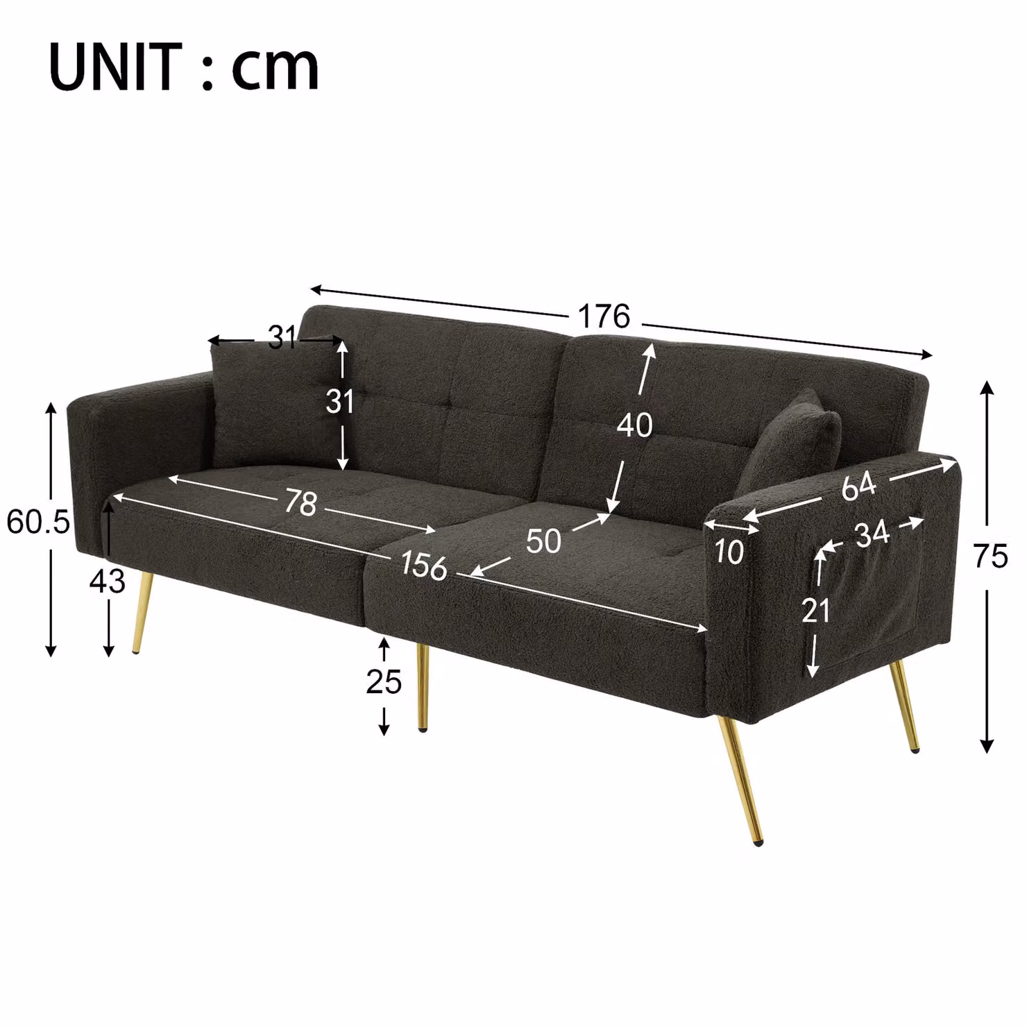 Matteo Modern Grey Bouclé Click Clack Sofa Bed with Adjustable Headrest and Gold Metal Details – 2