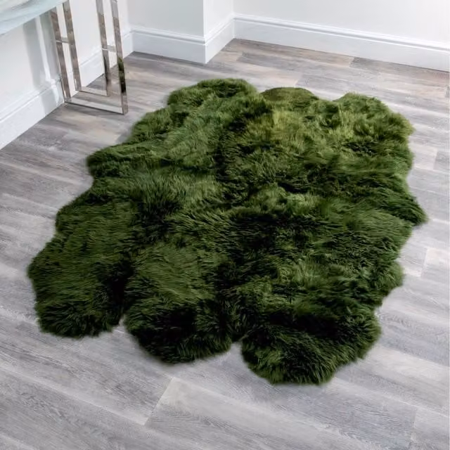 Native Natural Organic Green Wool and Fur Sextuple Pelt Sheepskin Rug