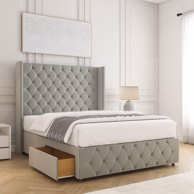 BSSPOKE Mayfair Plush Velvet Divan Bed Set with 54 inch Headboard, 2 Drawers and Mattress in Silver, W/D/H: 120 x 200 cm