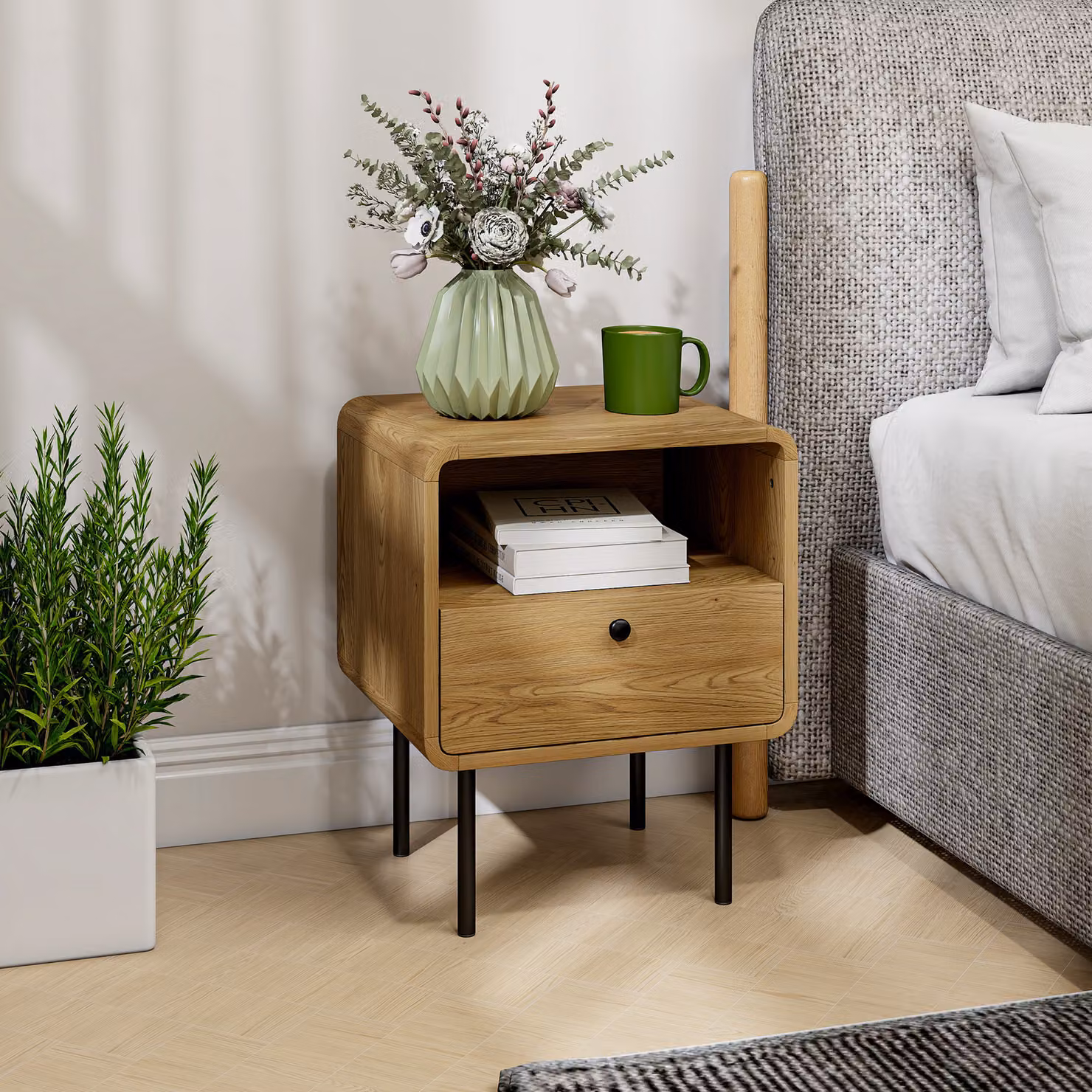 HOMCOM Bedside Table with Drawer and Open Shelf in Oak and Black – 2