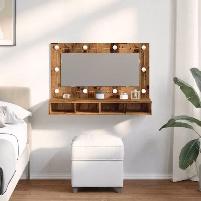 Berkfield Home Mirror Cabinet with LED Lighting in Old Wood Brown, W/D/H: 90 x 31.5 x 62 cm