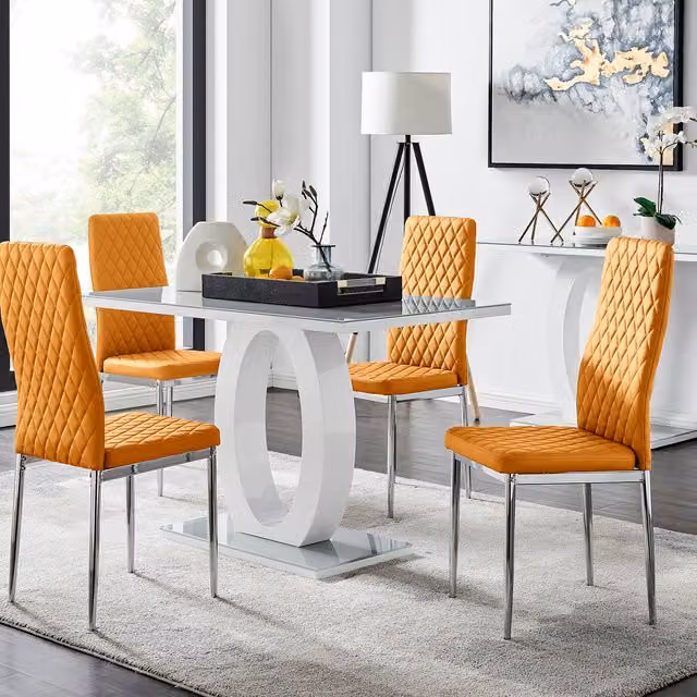 FurnitureboxUK Giovani Modern High Gloss and Glass Rectangular Dining Table and 4 Milan Chairs Set in Grey and Yellow