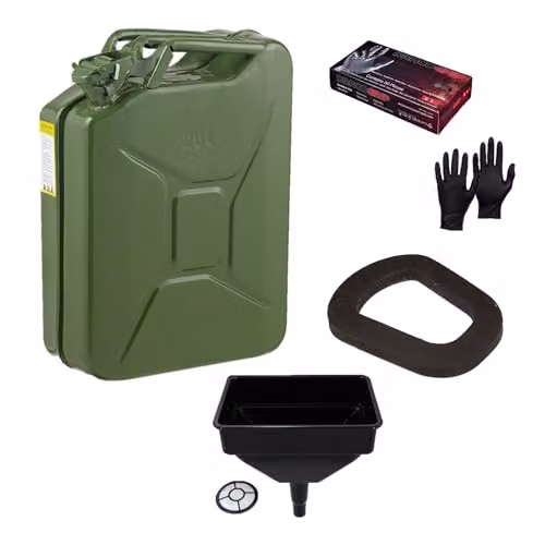 PDL Pegdev 20L Professional Heavy Duty Green Jerry Can with Funnel, Replacement Seal and Nitrile Gloves, UN Certified for Flammable Liquids