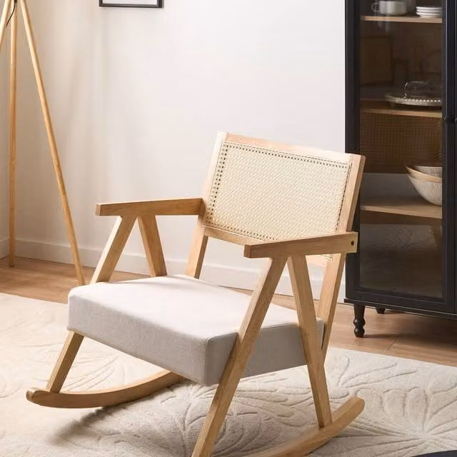 Wyld and Coco Vienna Rocking Armchair with Beige Fabric and Light Brown Rubberwood Frame – 1