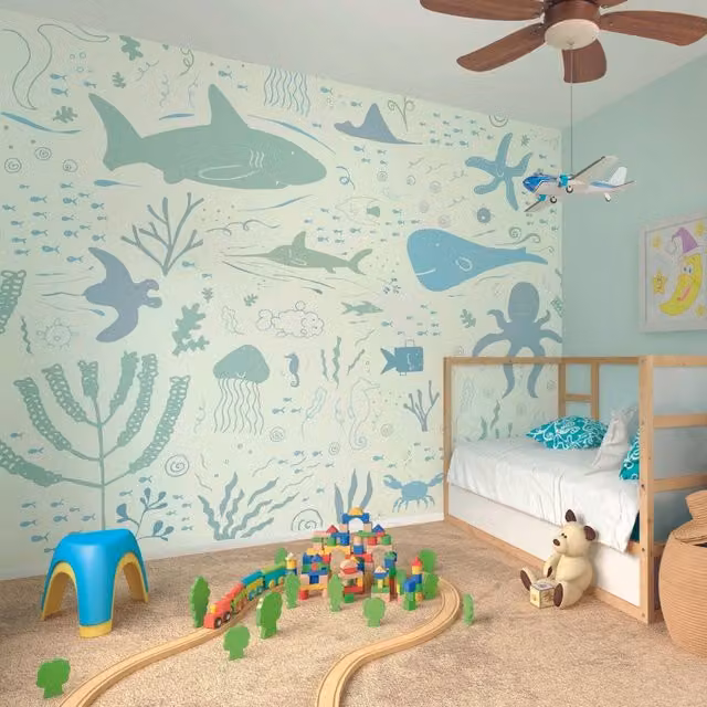Origin Murals Underwater Adventures Seafoam Wall Mural in Turquoise and Blue