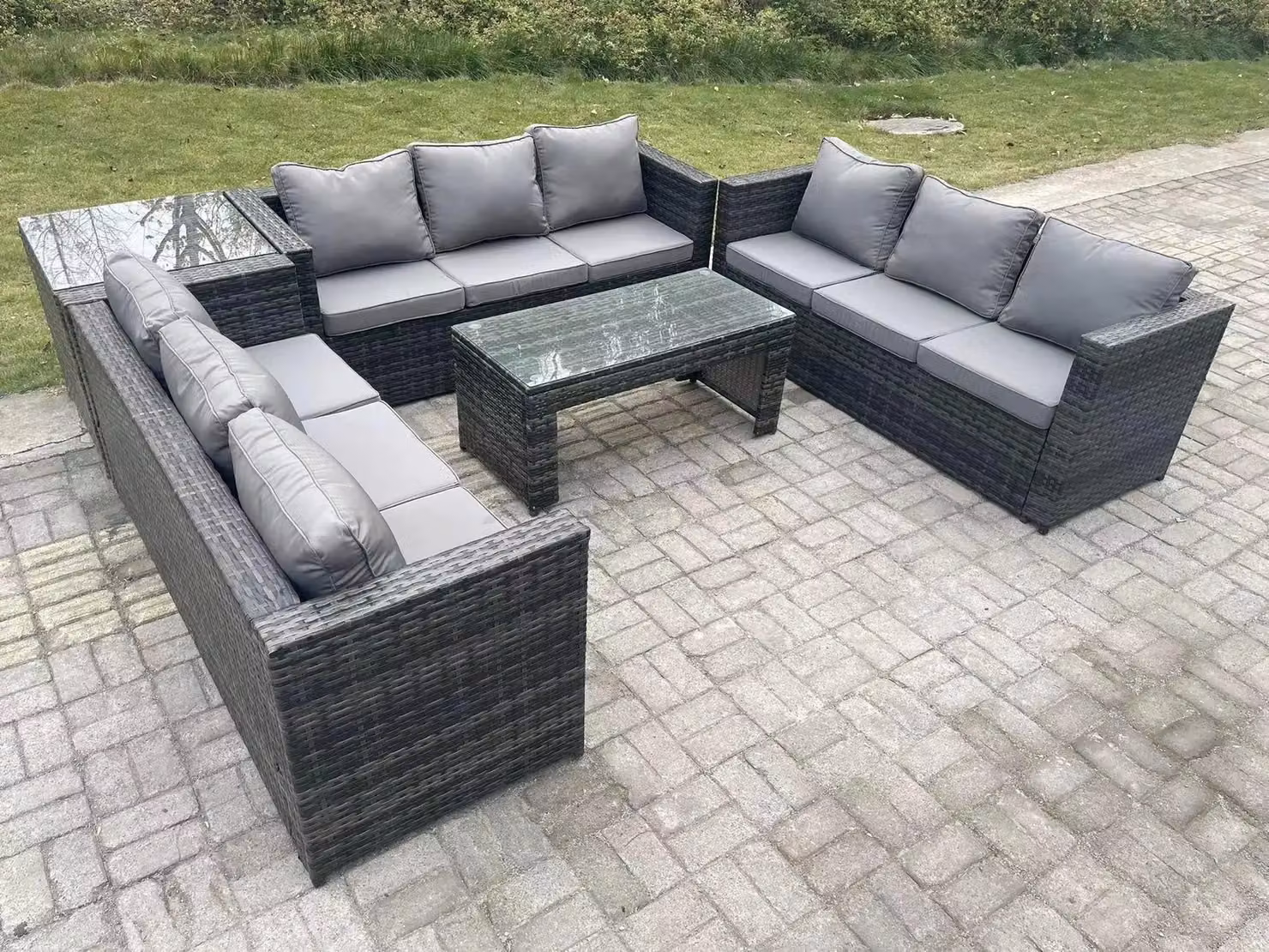 Fimous Dark Grey Polyrattan Outdoor Garden Lounge Sofa Set with Upholstered Cushions and Oblong Rectangular Coffee Table – 2