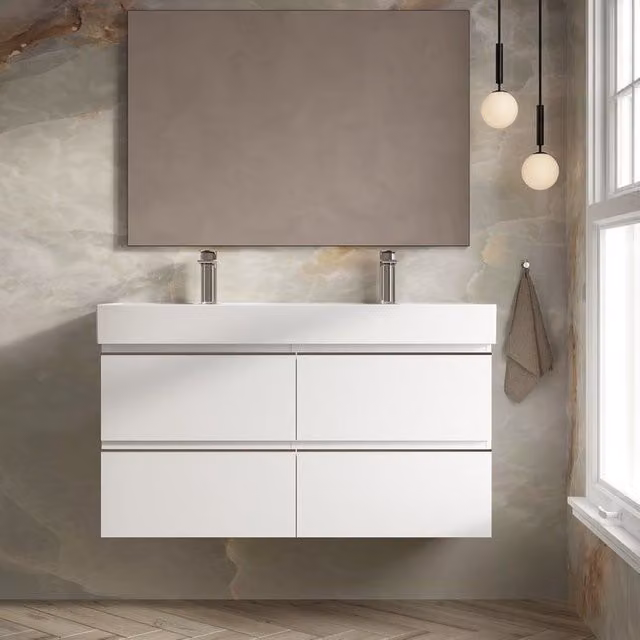 Banyetti Vatilla 1200mm Wall Hung Vanity Unit with Veneto 2 Tap Hole Basin, Gloss White, W: 120 cm, D: 45 cm, H: 59 cm