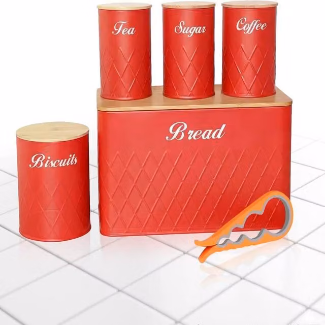 ATEK 5 Piece Airtight Kitchen Canister Set with Bamboo Lids in Red