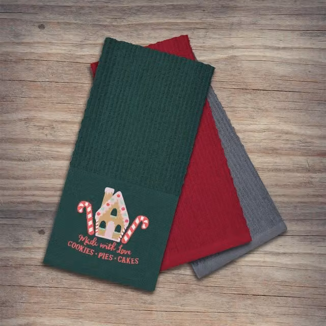 Noel Square Gingerbread House Super Absorbent Cotton Tea Towels, 3 Pack, Green and Multicolour