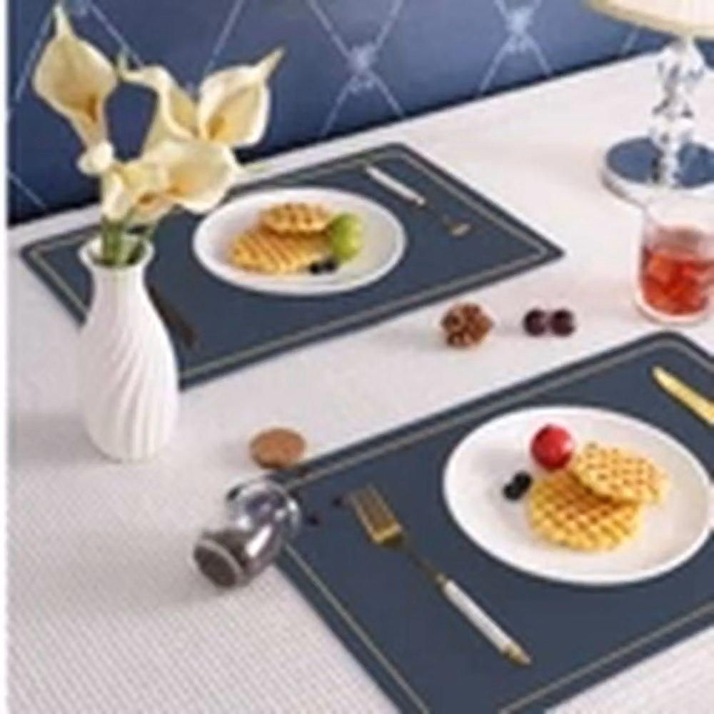 Havendro 8-Piece Dark Blue PU Leather Placemat and Coaster Set with Gold Accents – 3