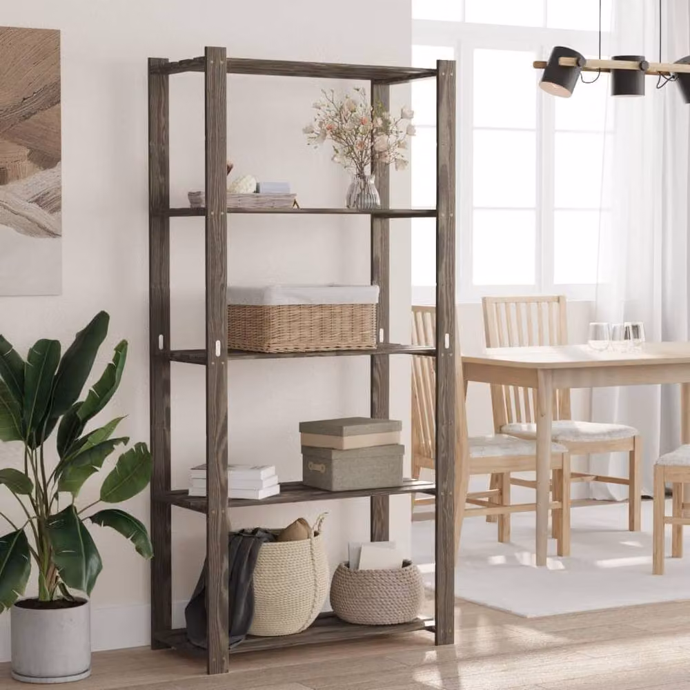 Berkfield Home Beautiful 5-Tier Grey Solid Wood Pine Storage Rack W: 80 cm, D: 38 cm, H: 170 cm – 2