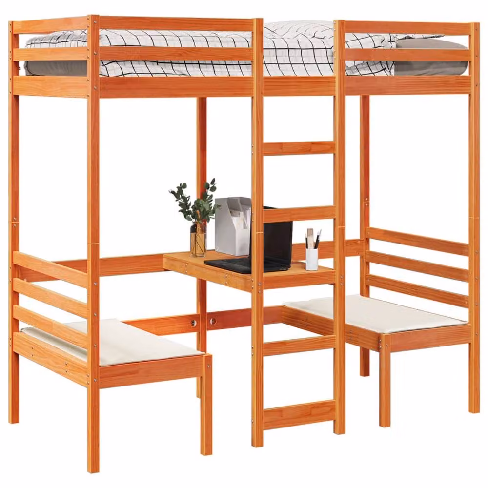 Berkfield Home Loft Bed Frame with Desk and Chairs in Wax Brown Solid Pine, W/D/H: 75 x 190 cm