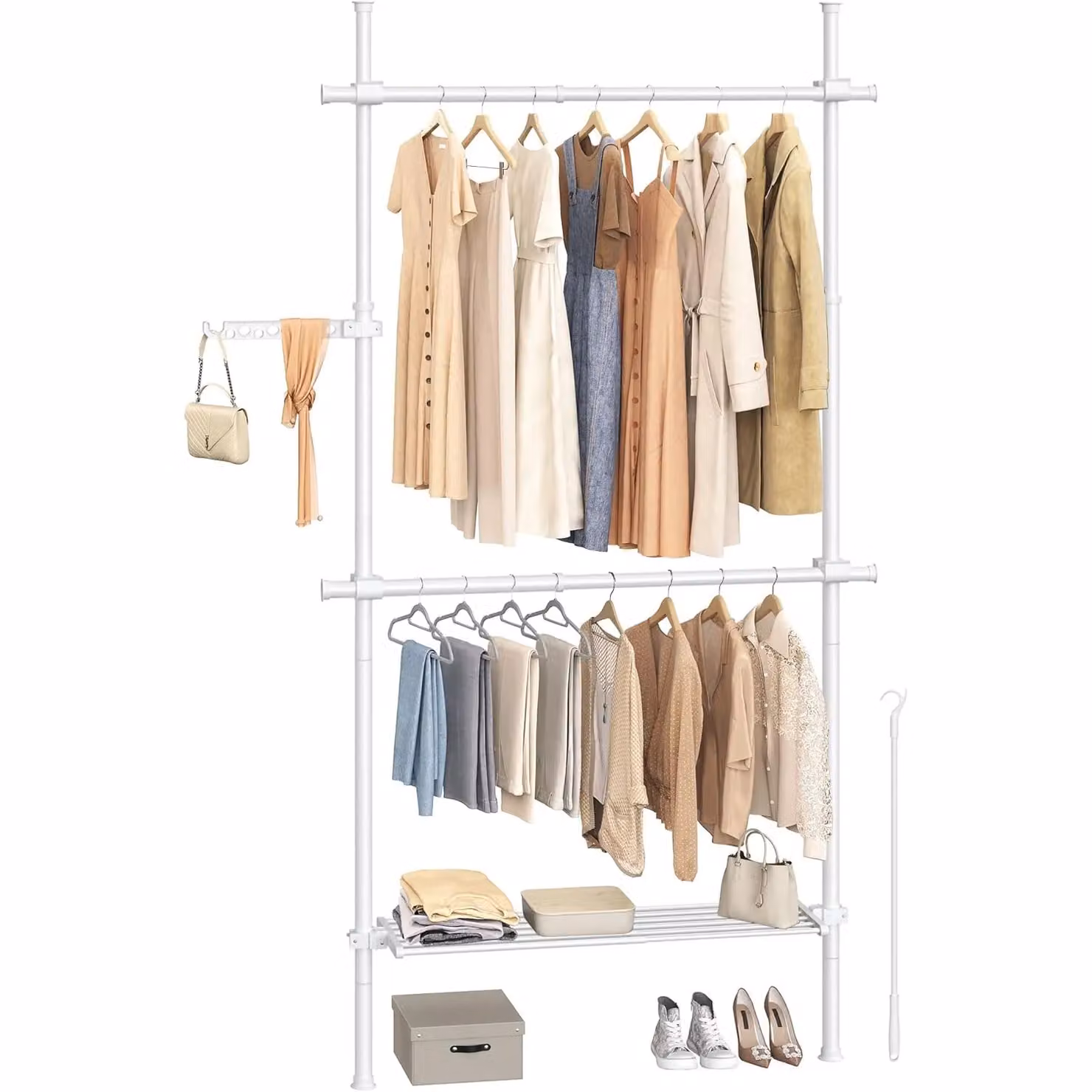 SONGMICS Adjustable Floor to Ceiling Clothes Rail with Shelves in White – 2