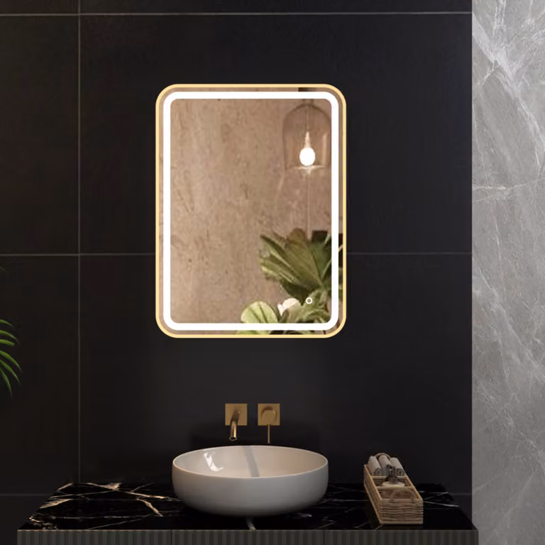 Royal Bathrooms Luna Rectangular LED Illuminated Framed Mirror in Gold with Demister Pad and Touch Sensor