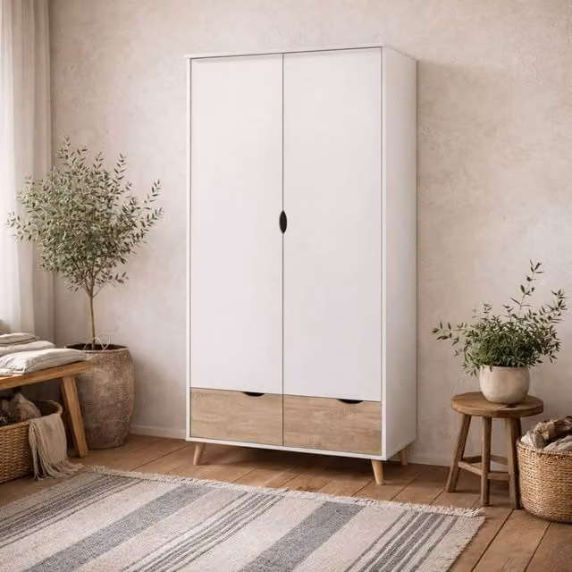 Wyld Haus Skerries 2 Door Wardrobe in Matt White with Oak Drawer Fronts, H 190 x W 58 x D 74.5 cm