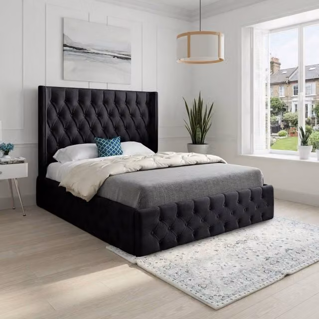 Casani Swinton Super King Upholstered Velvet Bed Frame in Black, W/D/H: 200 x 189 x 137 cm
