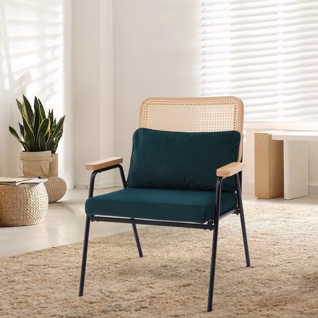 Livingandhome Mid-Century Velvet Armchair with Rattan Back and Metal Frame in Dark Green and Black