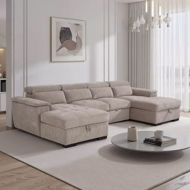 Furnishings For Less UK Large 5 Seater Beige Fabric U Shaped Sofa Bed with Adjustable Headrest and Storage