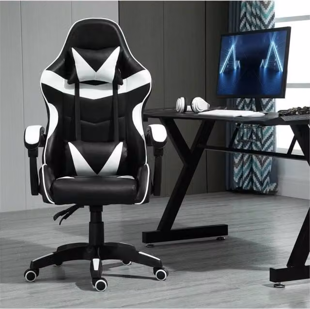 Nordara White and Black Faux Leather Swivel Gaming Chair with Headrest for Home Office and Sports Desk