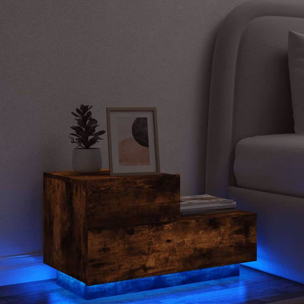 Berkfield Home Decorative Bedside Cabinet with Integrated LED Lights, Smoked Oak, Brown, W: 70 cm, D: 36 cm, H: 40.5 cm – 2